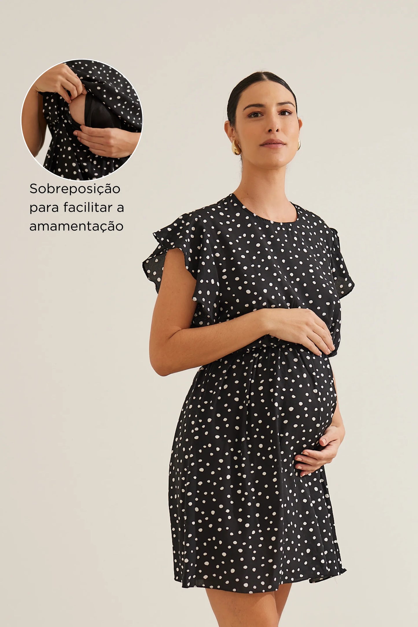 VESTIDO GESTANTE E AMAMENTAÇÃO CURTO COM BABADOS SEM MANGAS