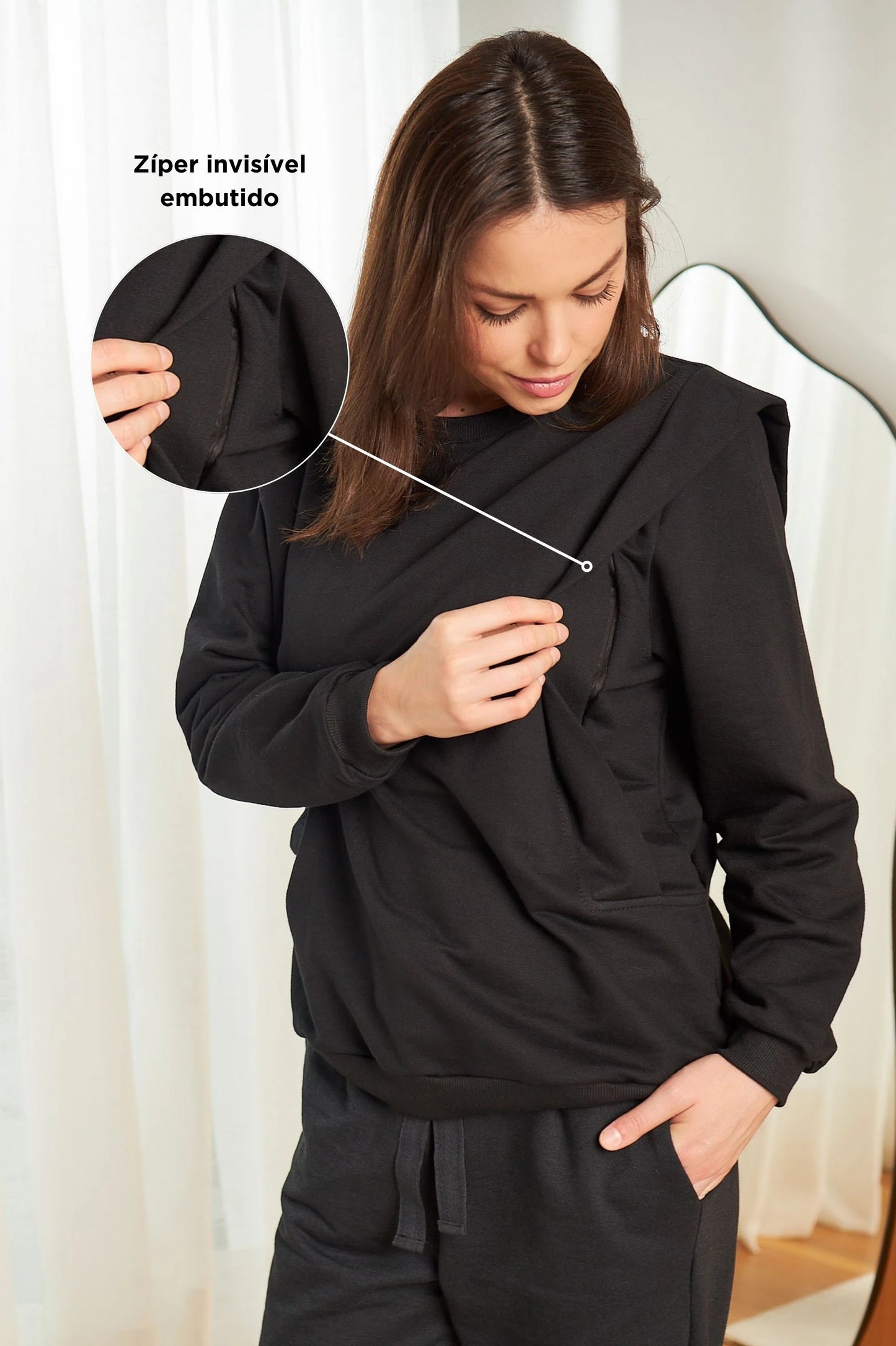 BLUSA DE MOLETOM PARA AMAMENTAR COM ZÍPER E RIBANA