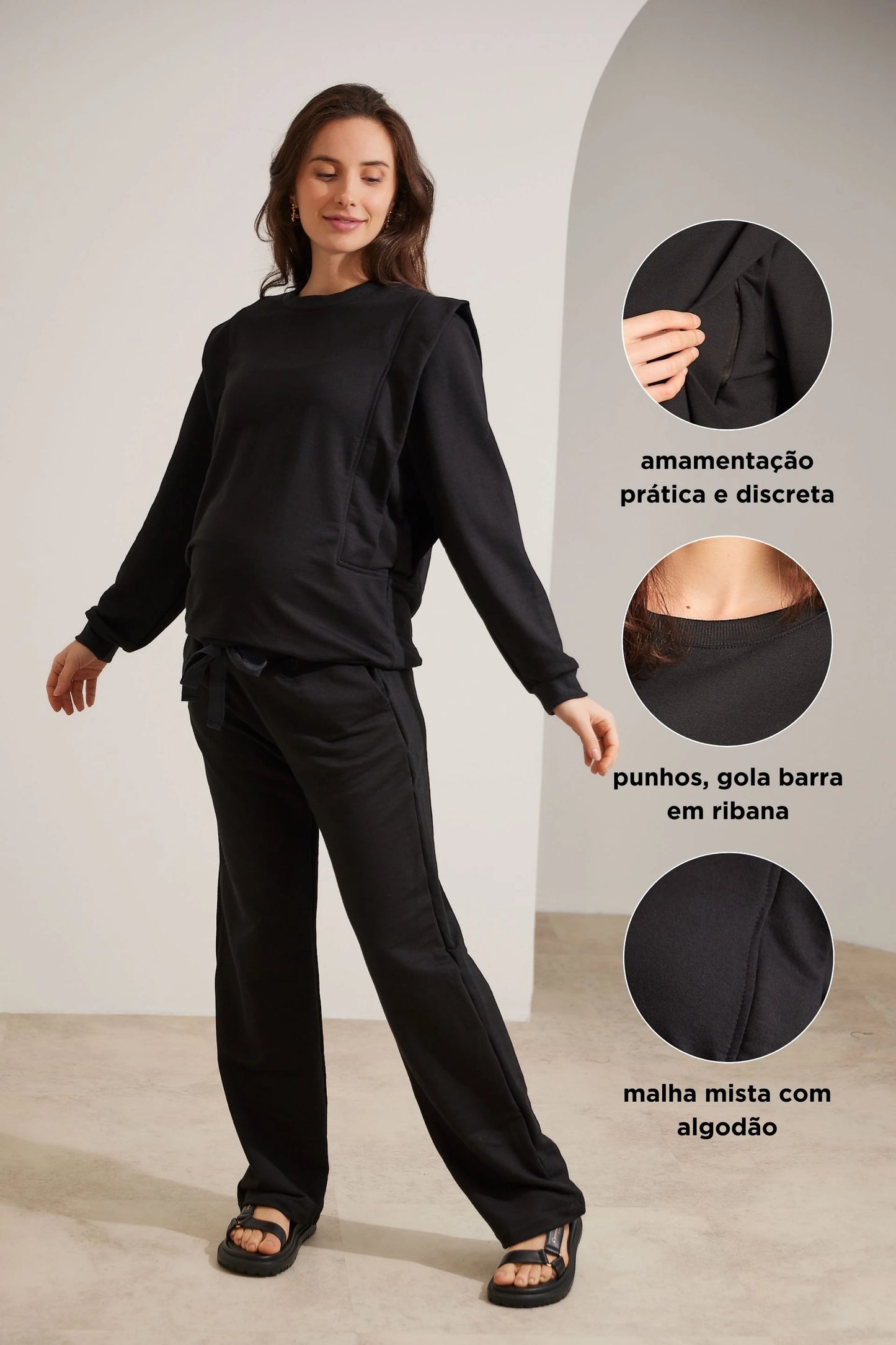 BLUSA DE MOLETOM PARA AMAMENTAR COM ZÍPER E RIBANA
