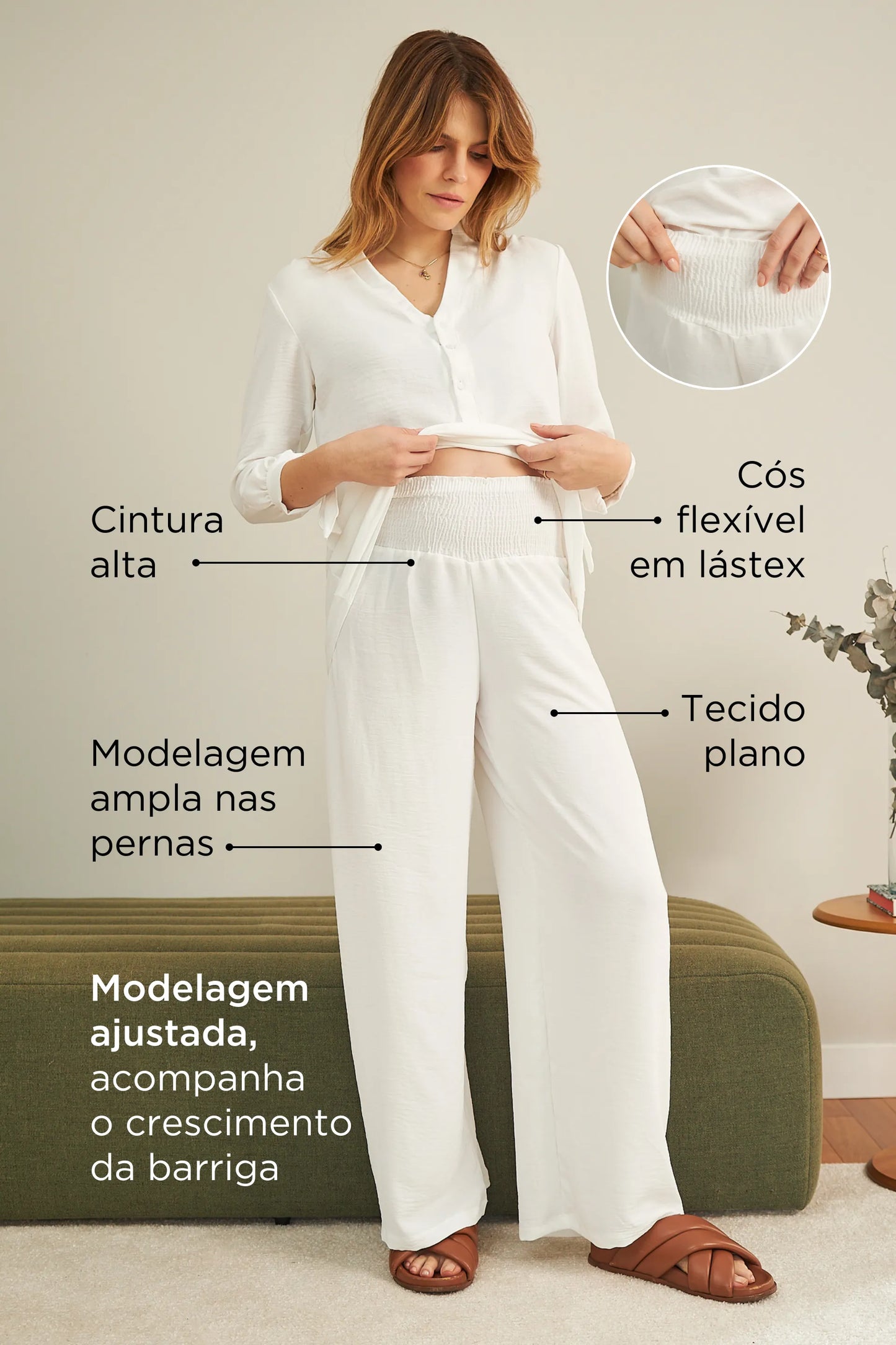 CALÇA GESTANTE E PÓS-PARTO SOLTINHA COM LASTEX