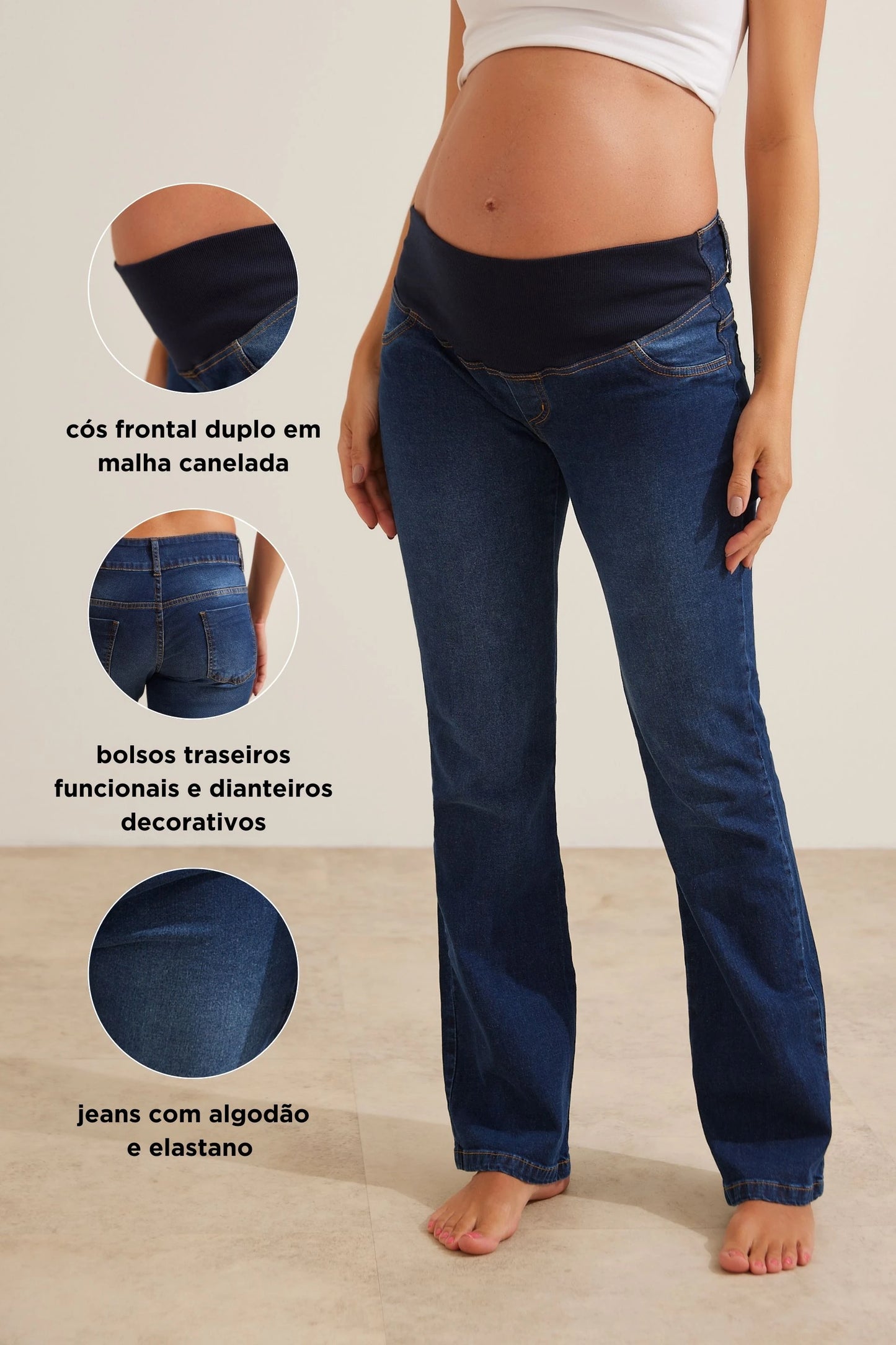 CALÇA JEANS CLÁSSICA CÓS AJUSTÁVEL GESTANTE E PÓS-PARTO