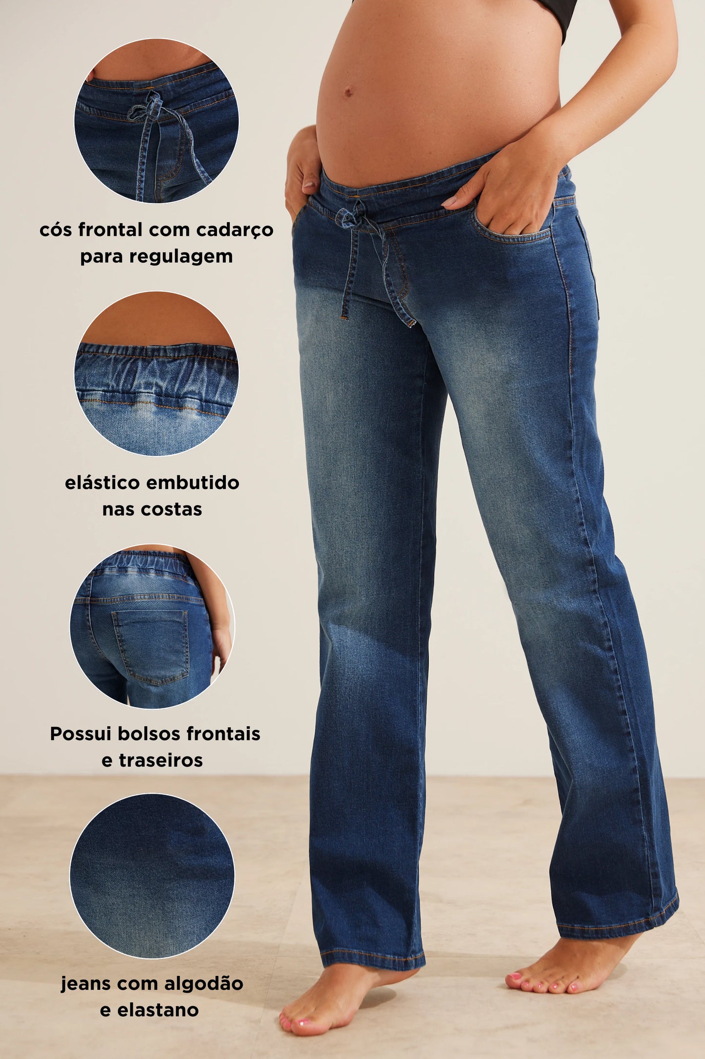 CALÇA JEANS RETA COM CÓS AJUSTÁVEL GESTANTE E PÓS-PARTO