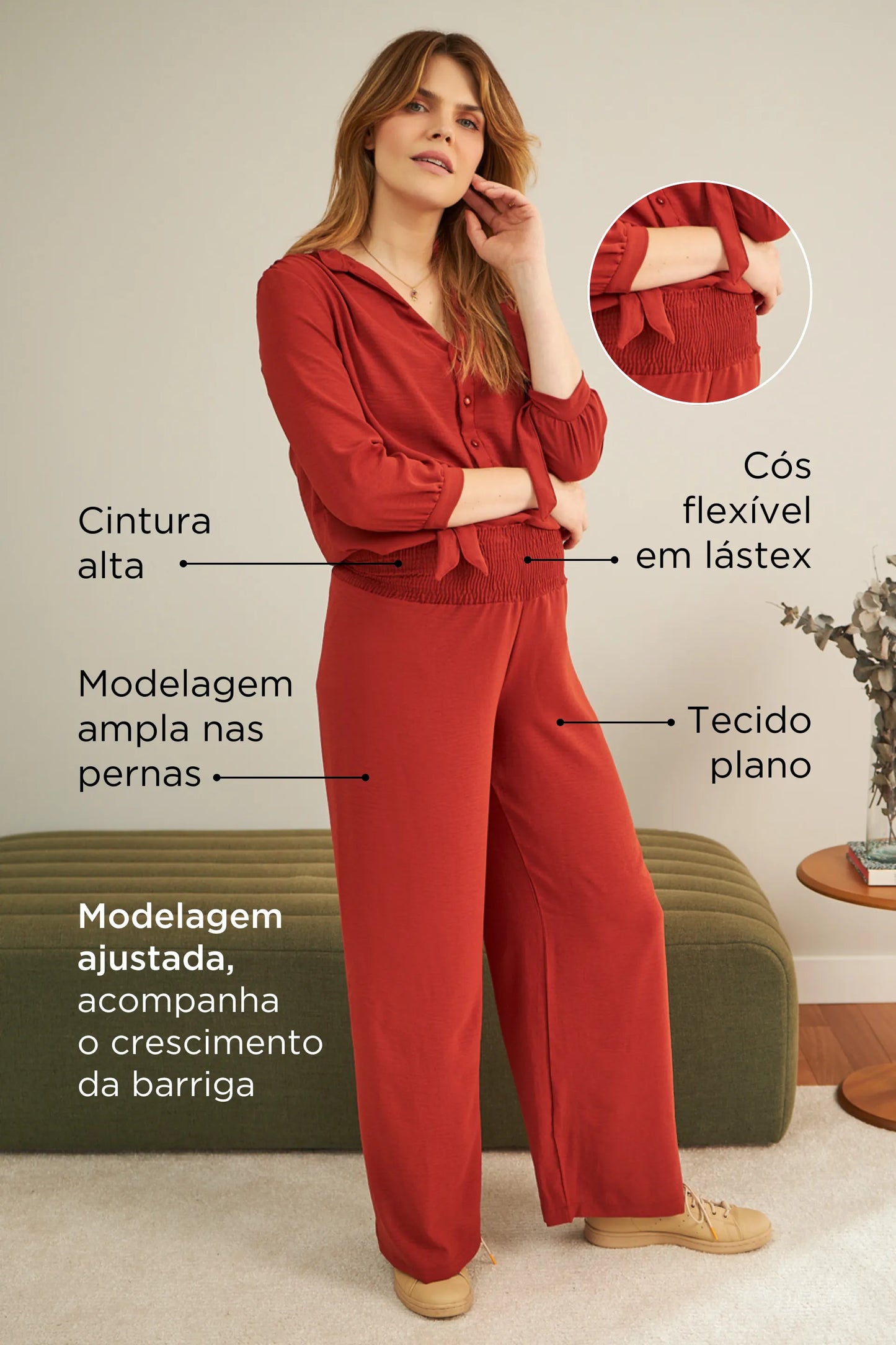CALÇA GESTANTE E PÓS-PARTO SOLTINHA COM LASTEX
