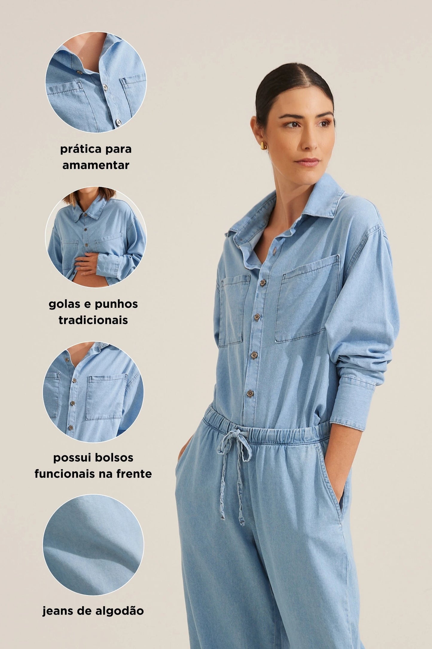 CAMISA JEANS LEVE COM BOLSO GESTANTE E AMAMENTAÇÃO