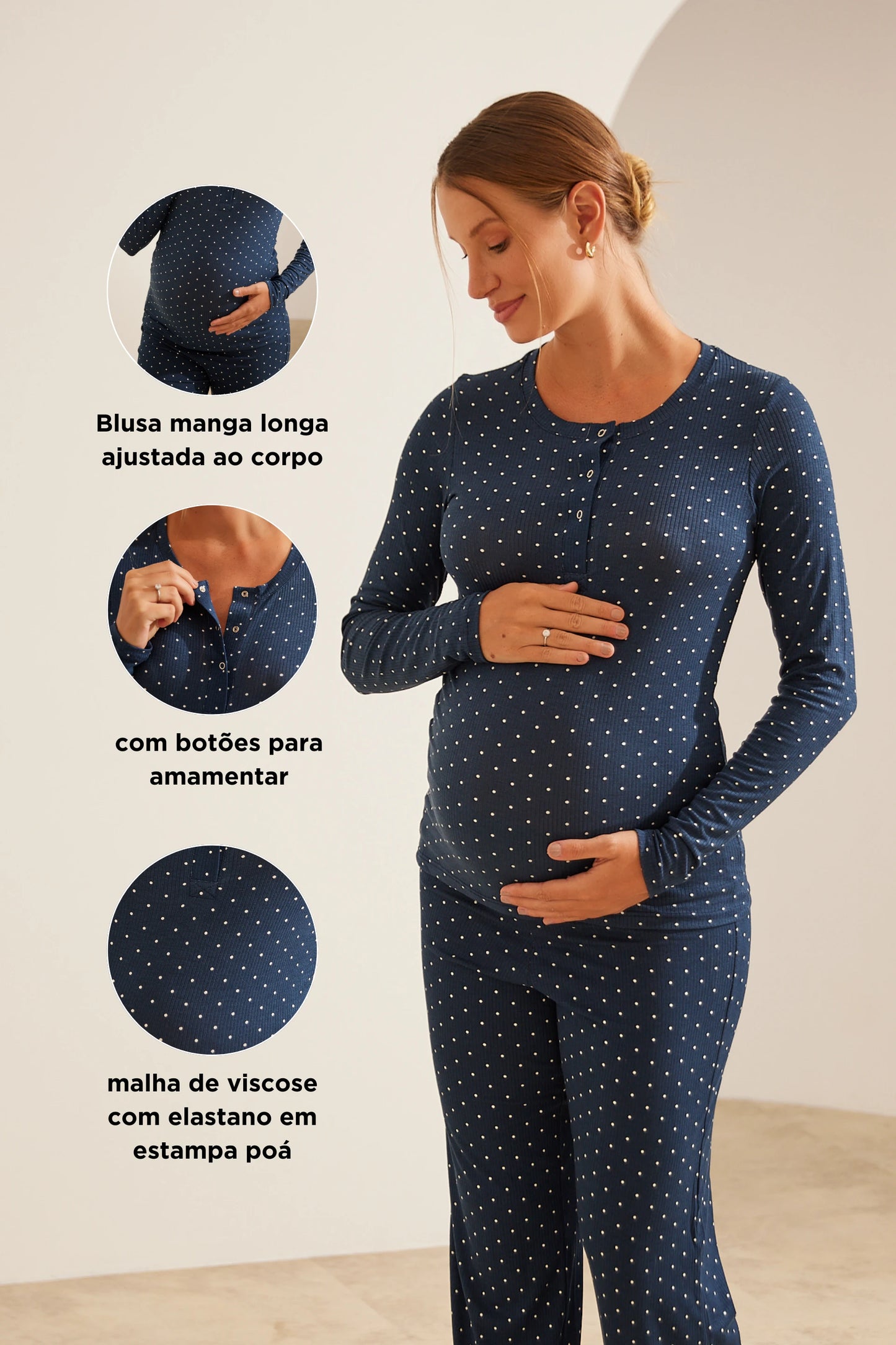 PIJAMA LONGO MALHA CANELADA COM BOTÕES PARA AMAMENTAR