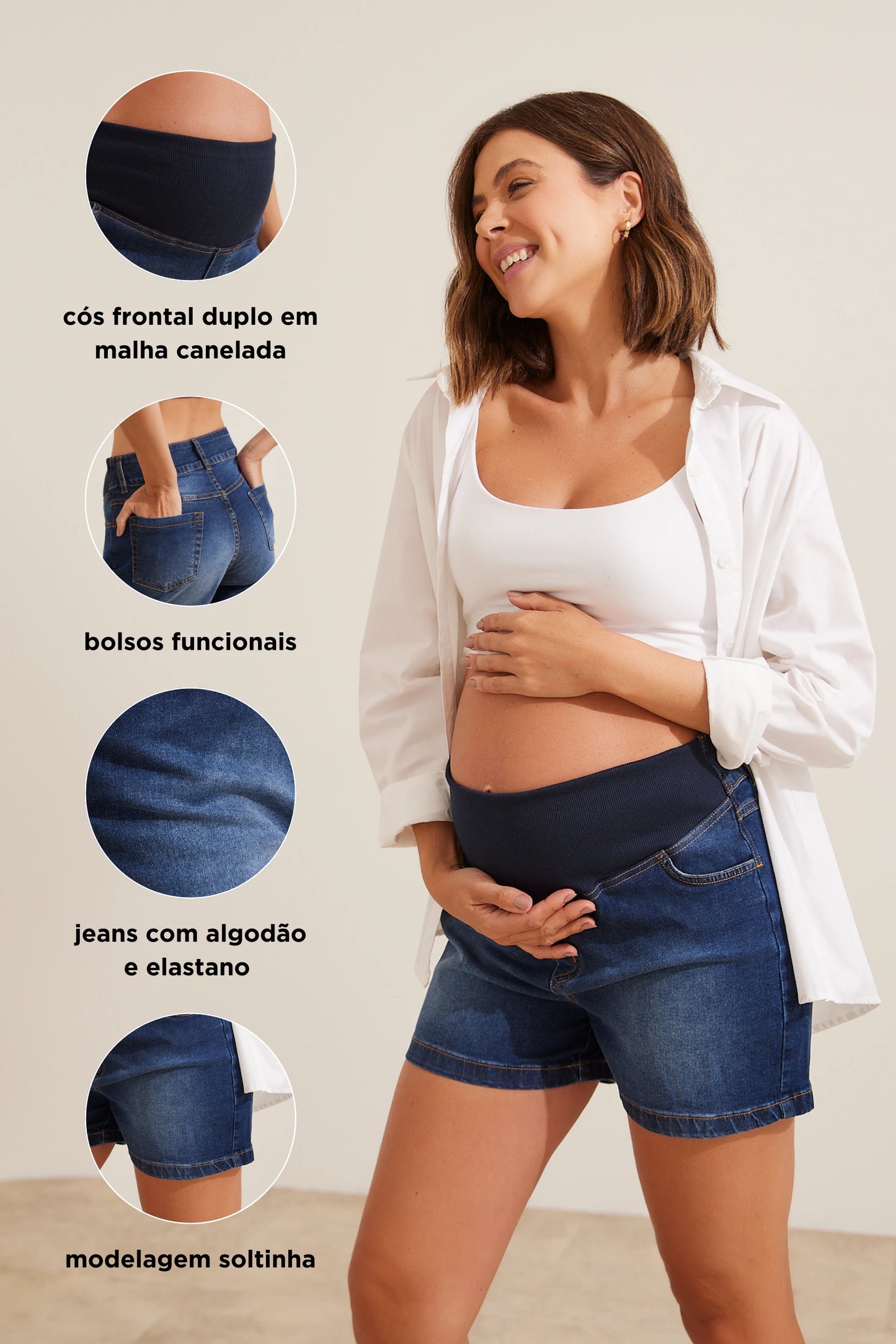 SHORTS JEANS CÓS AJUSTÁVEL GESTANTE E PÓS-PARTO
