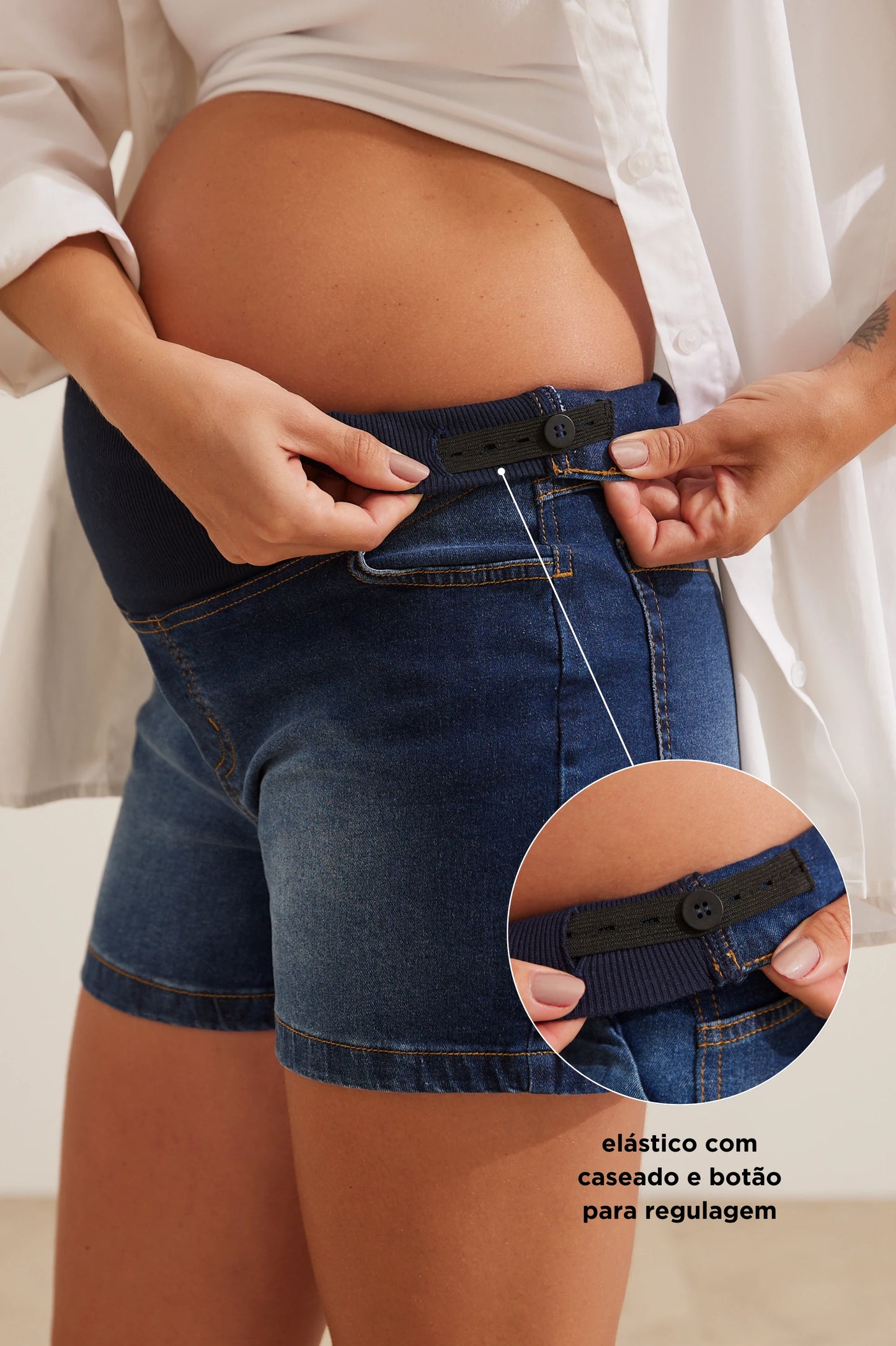 SHORTS JEANS CÓS AJUSTÁVEL GESTANTE E PÓS-PARTO