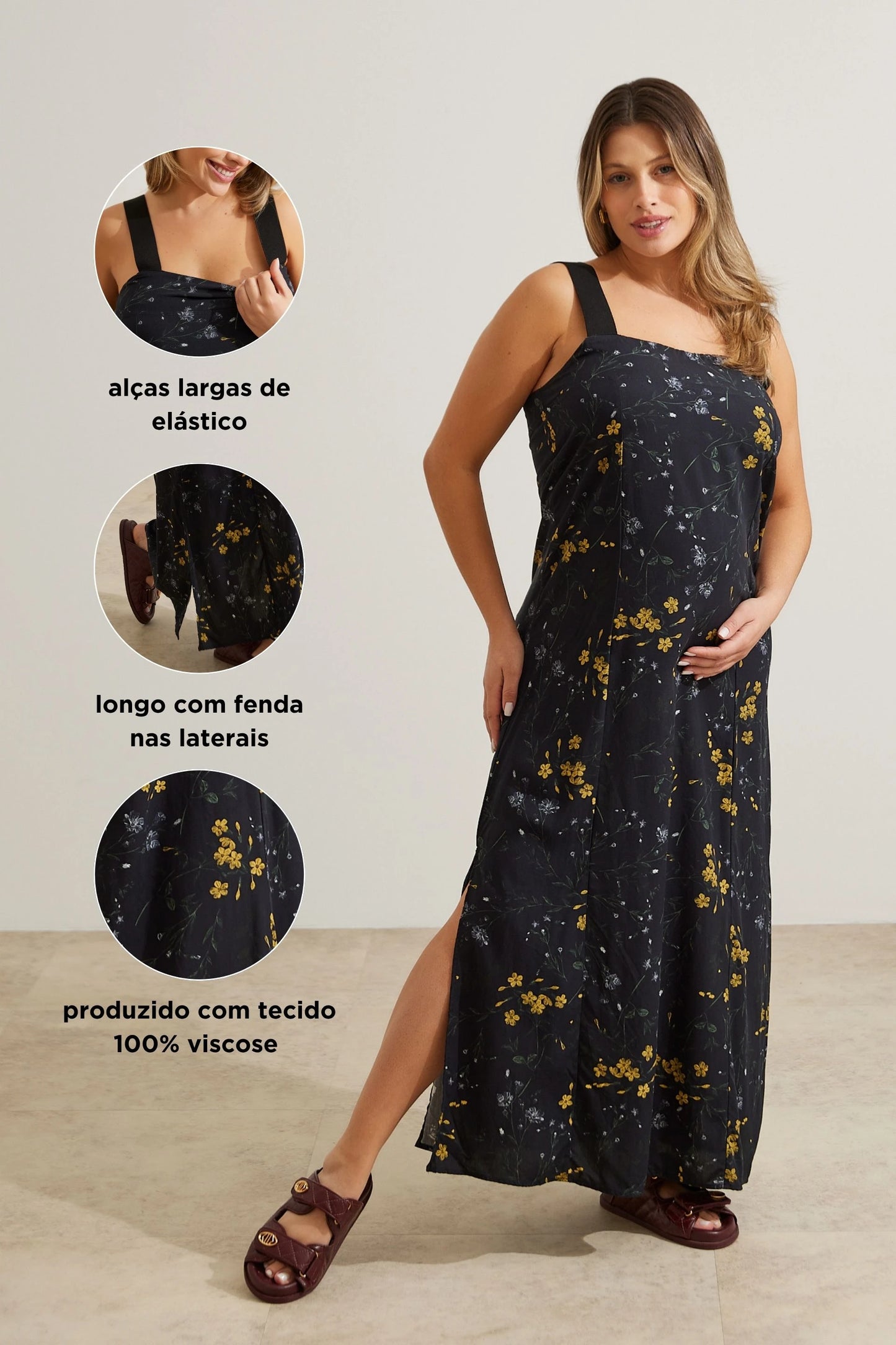 VESTIDO GESTANTE E AMAMENTAÇÃO LONGO ALÇA ELÁSTICA