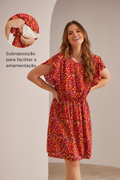 VESTIDO GESTANTE E AMAMENTAÇÃO CURTO COM BABADOS SEM MANGAS