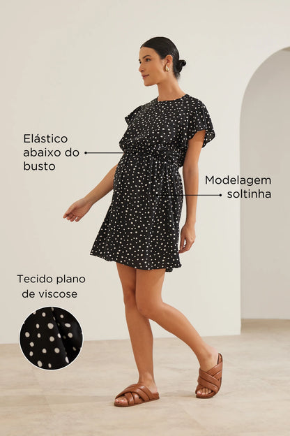 VESTIDO GESTANTE E AMAMENTAÇÃO CURTO COM BABADOS SEM MANGAS