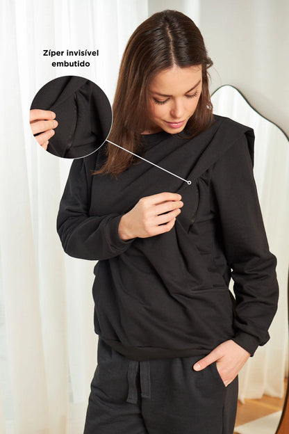 BLUSA DE MOLETOM PARA AMAMENTAR COM ZÍPER E RIBANA