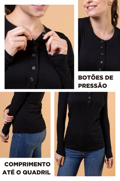 BLUSA CANELADA COM BOTÕES GESTANTE E AMAMENTAÇÃO