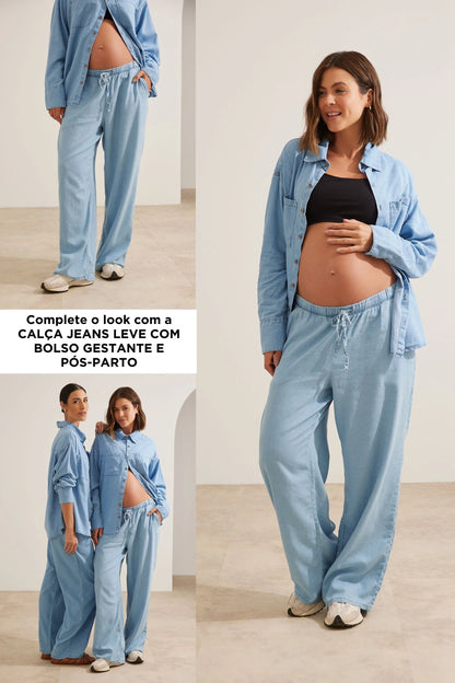 CAMISA JEANS LEVE COM BOLSO GESTANTE E AMAMENTAÇÃO