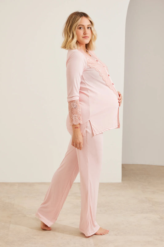 PIJAMA GESTANTE E AMAMENTAÇÃO LONGO POLIAMIDA COM RENDA