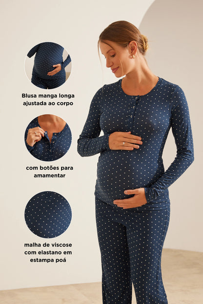 PIJAMA LONGO MALHA CANELADA COM BOTÕES PARA AMAMENTAR