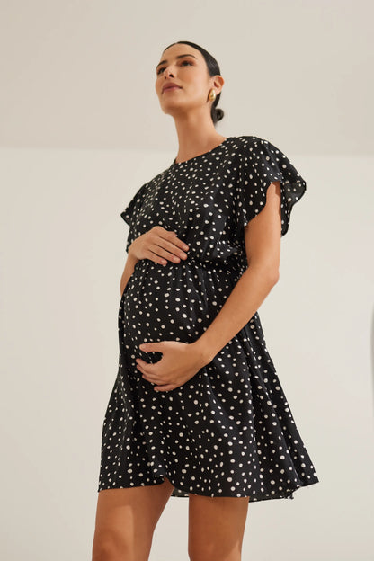 VESTIDO GESTANTE E AMAMENTAÇÃO CURTO COM BABADOS SEM MANGAS