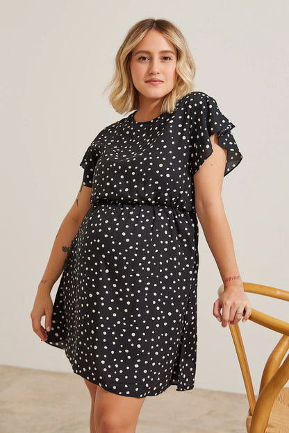 VESTIDO GESTANTE E AMAMENTAÇÃO CURTO COM BABADOS SEM MANGAS