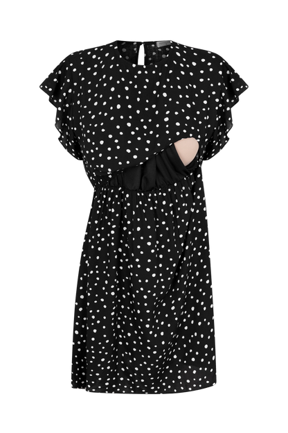 VESTIDO GESTANTE E AMAMENTAÇÃO CURTO COM BABADOS SEM MANGAS