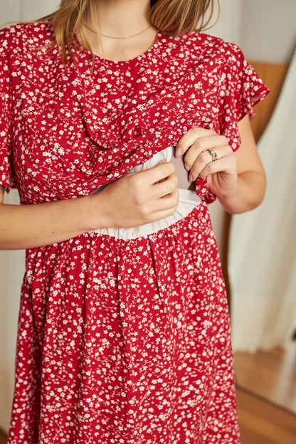 VESTIDO GESTANTE E AMAMENTAÇÃO CURTO COM BABADOS SEM MANGAS